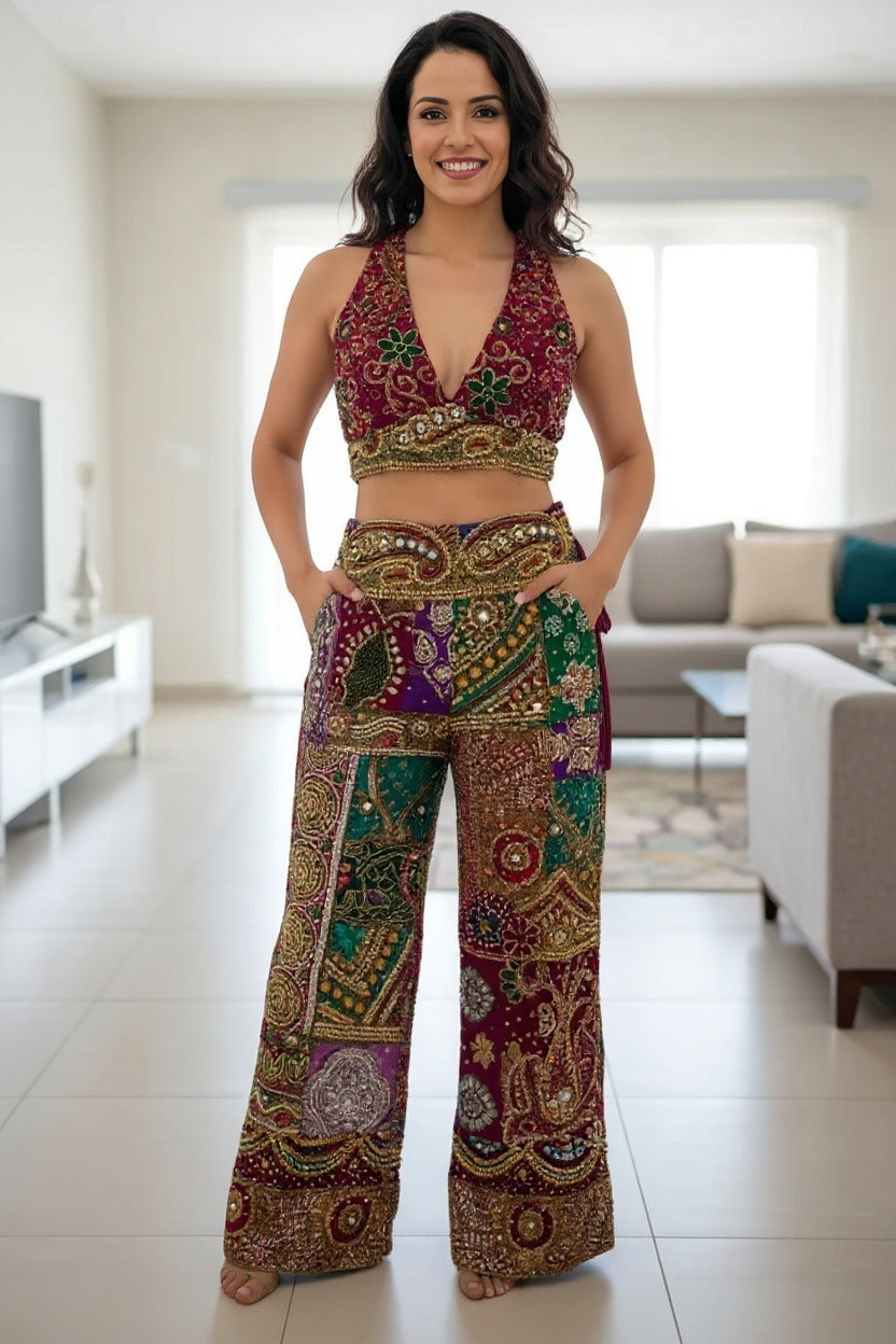 Festive Bohemian Velvet Embroidered Halter Top & Wide-Leg Pants Set