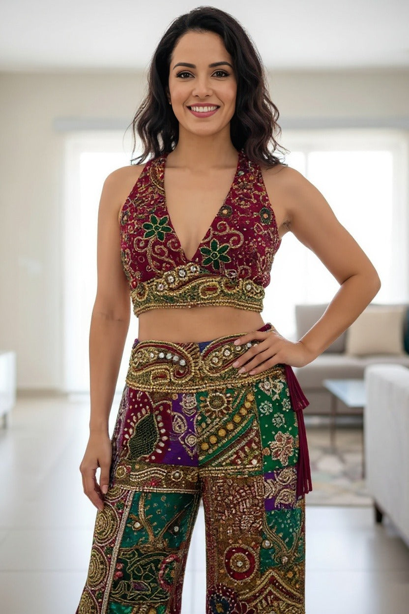 Festive Bohemian Velvet Embroidered Halter Top & Wide-Leg Pants Set
