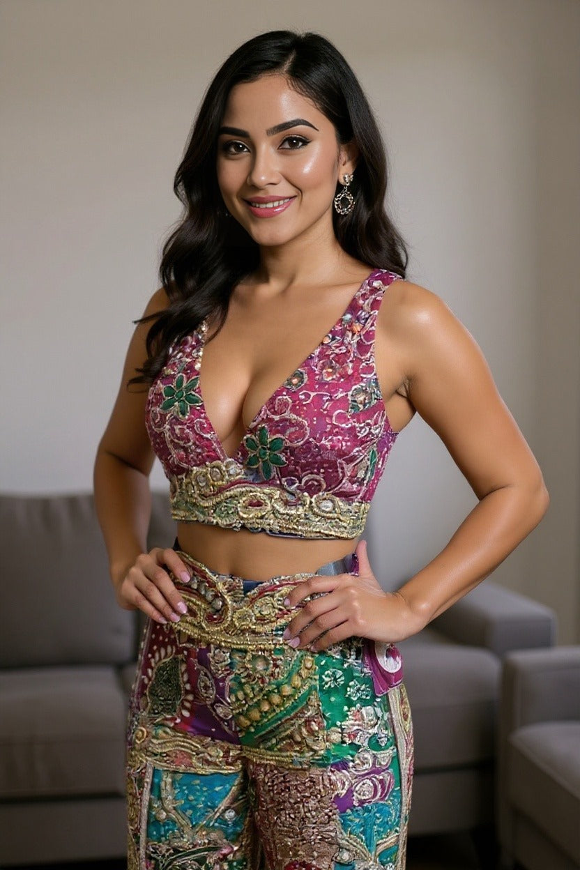 Festive Bohemian Velvet Embroidered Halter Top & Wide-Leg Pants Set