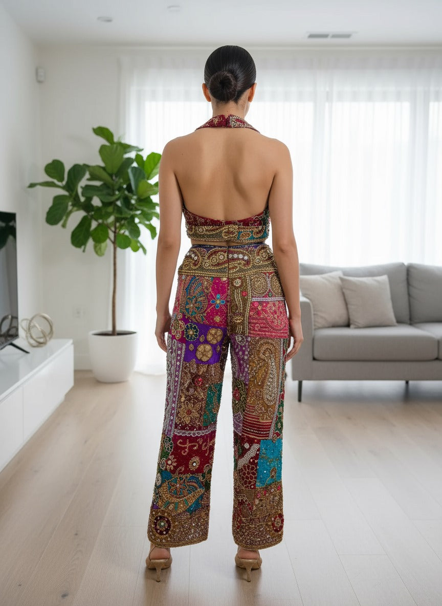 Festive Bohemian Velvet Embroidered Halter Top & Wide-Leg Pants Set