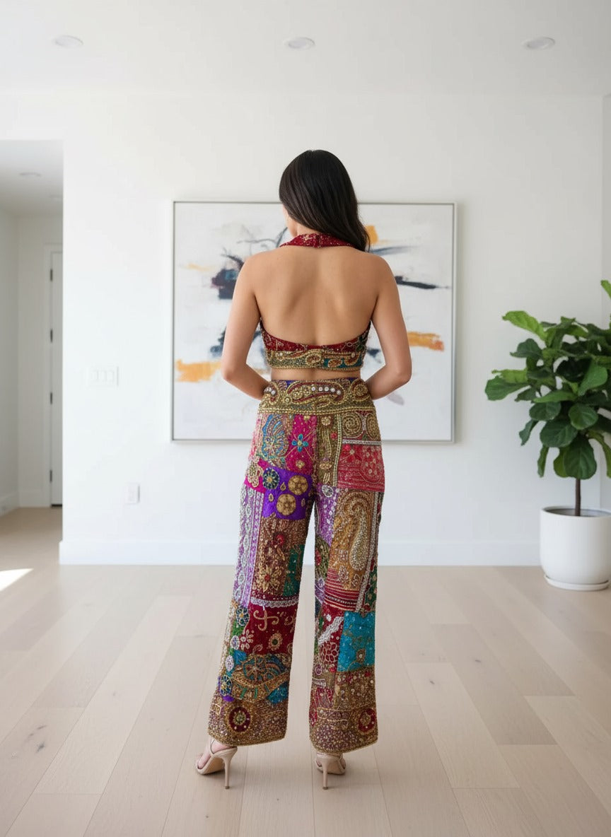 Festive Bohemian Velvet Embroidered Halter Top & Wide-Leg Pants Set