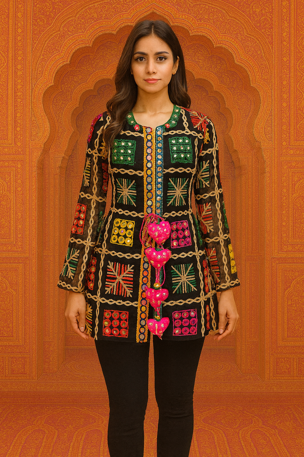 Boho Phulkari Mirror Work Kurti – Multicolor Embroidered Jacket Style
