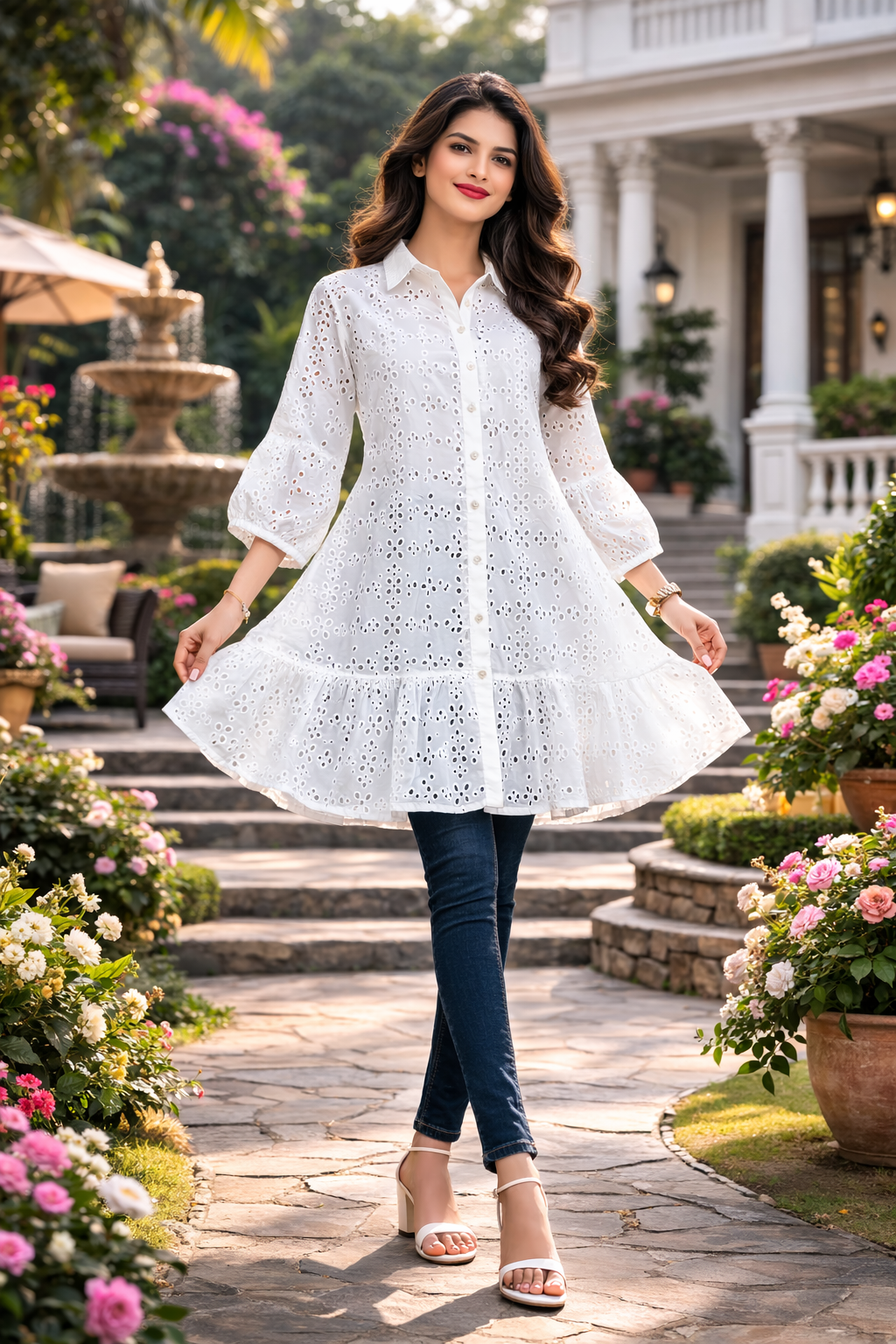 White Cotton Schiffli A-Line Tunic Top