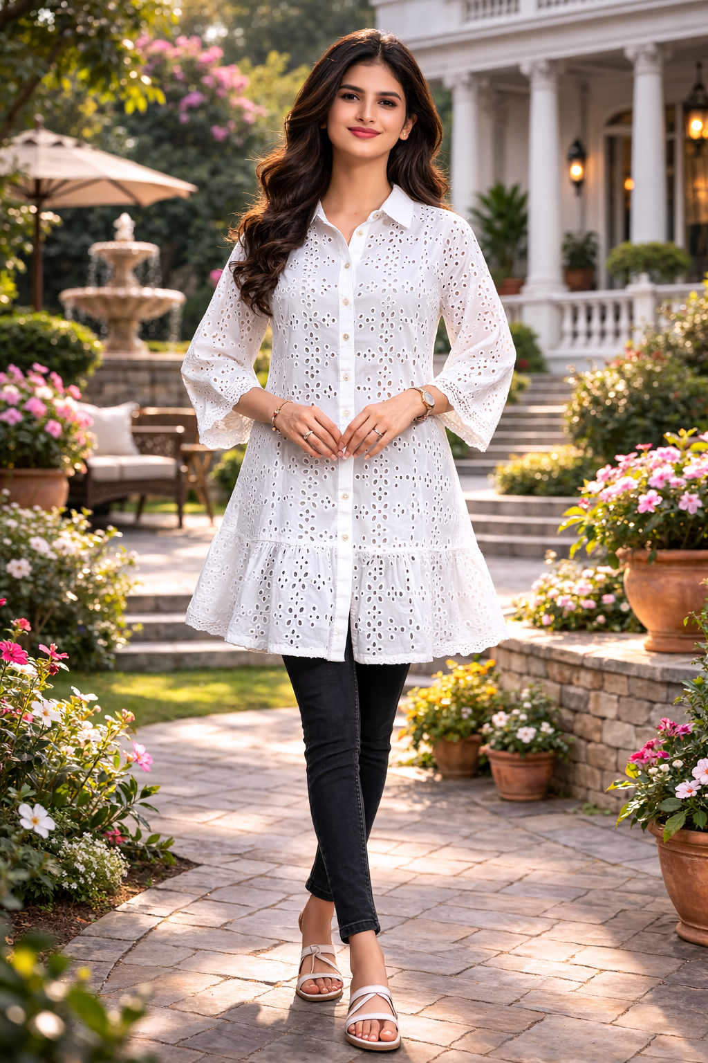White Cotton Schiffli A-Line Tunic Top