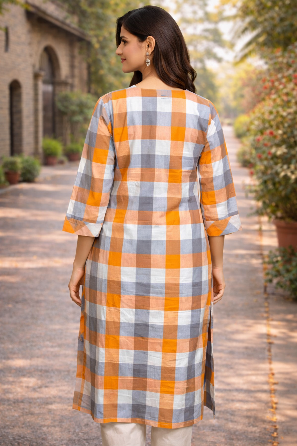 Orange & Grey Checkered Button-Down Kurta