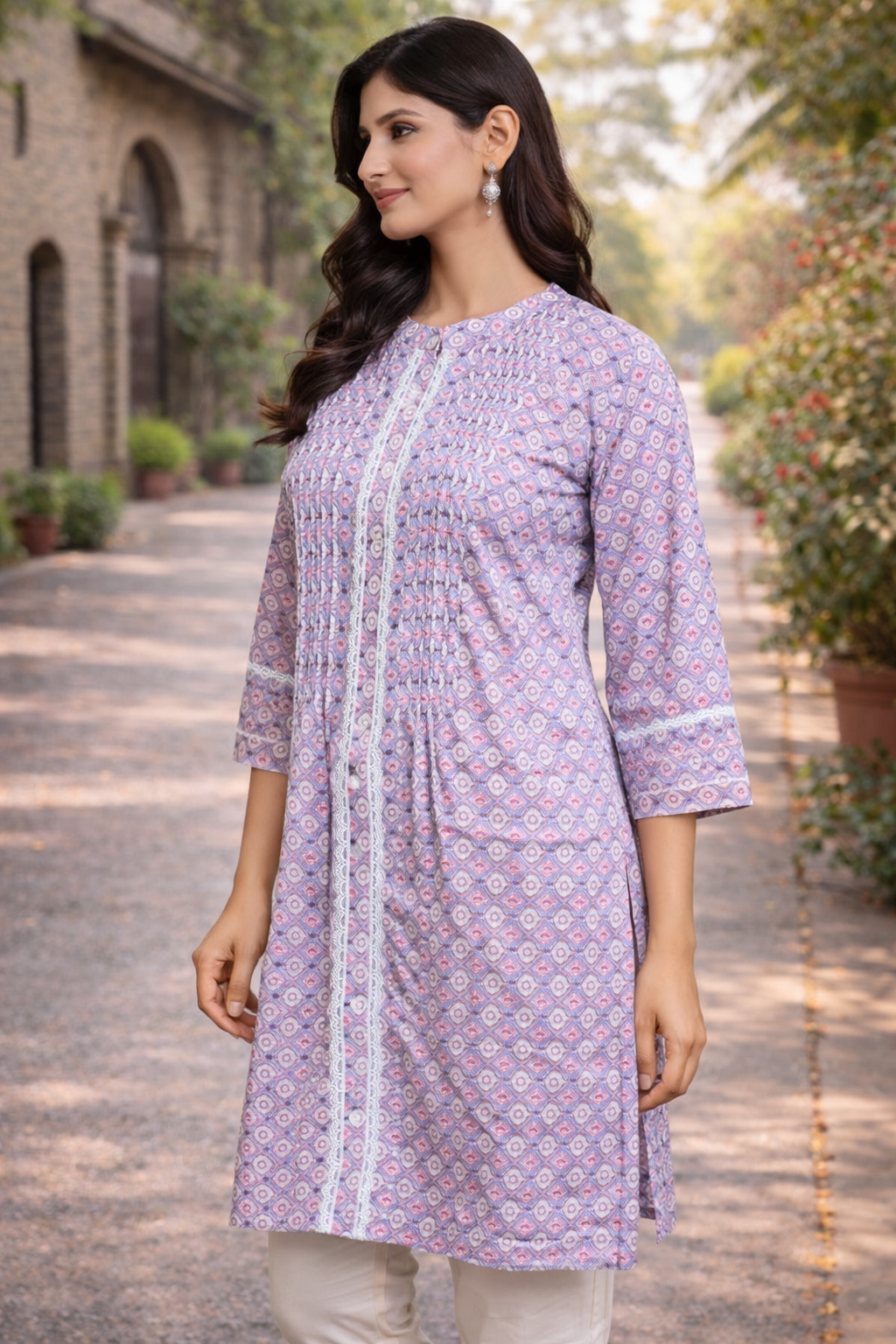 Lavender Printed Straight Kurta with Lace Panel Detail