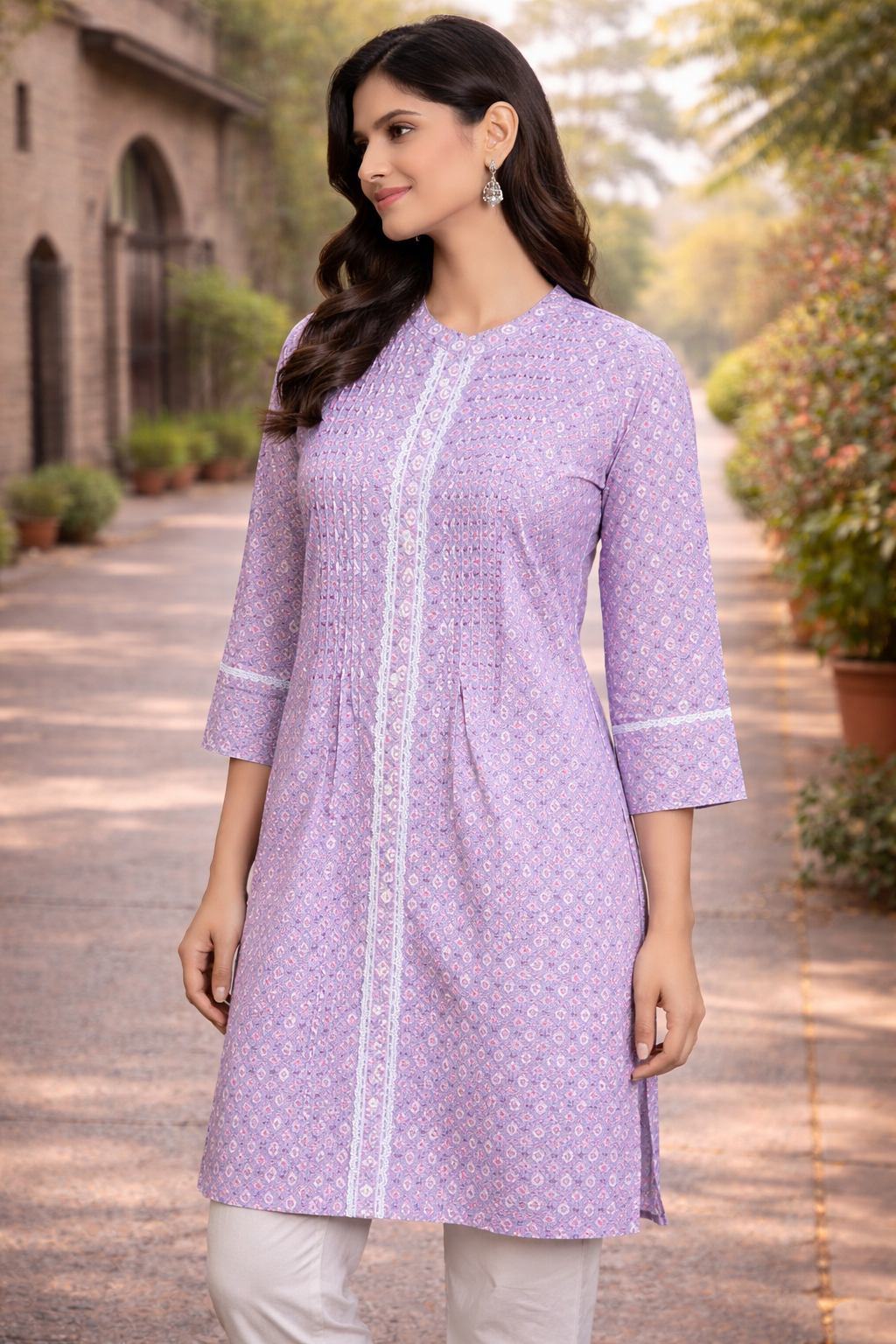 Lavender Printed Straight Kurta with Lace Panel Detail