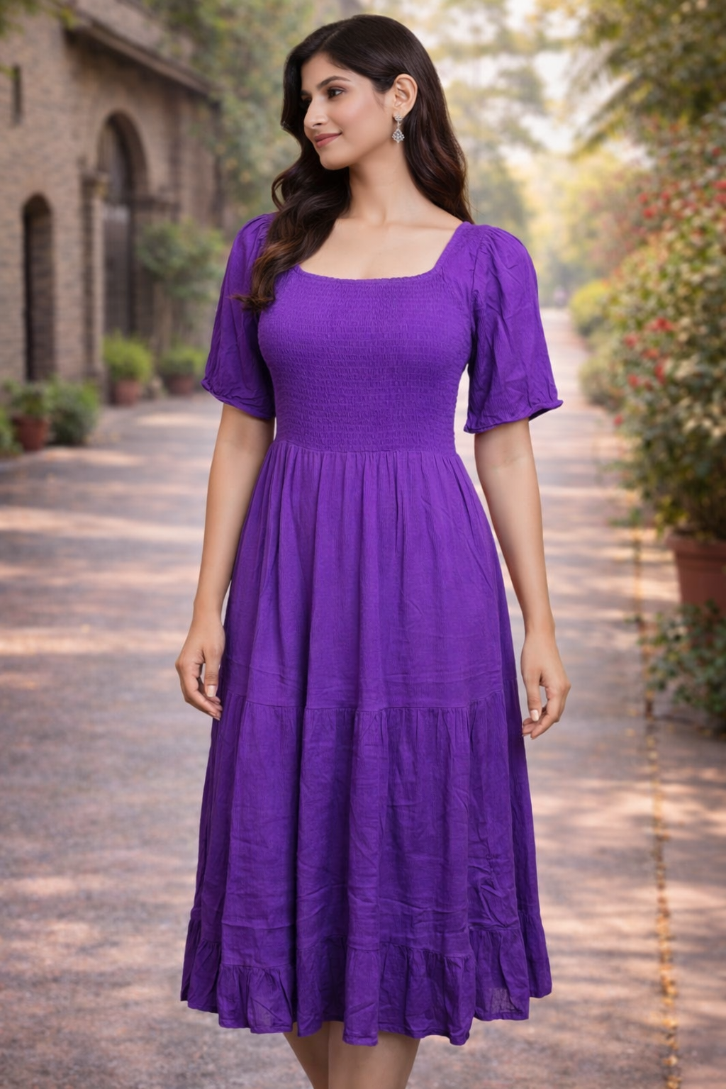 Purple Smocked Bodice Tiered Midi Dress with Puff Sleeves