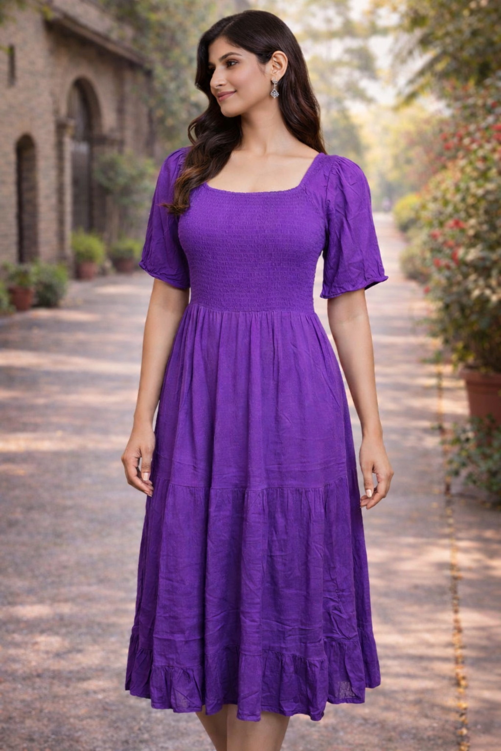 Purple Smocked Bodice Tiered Midi Dress with Puff Sleeves