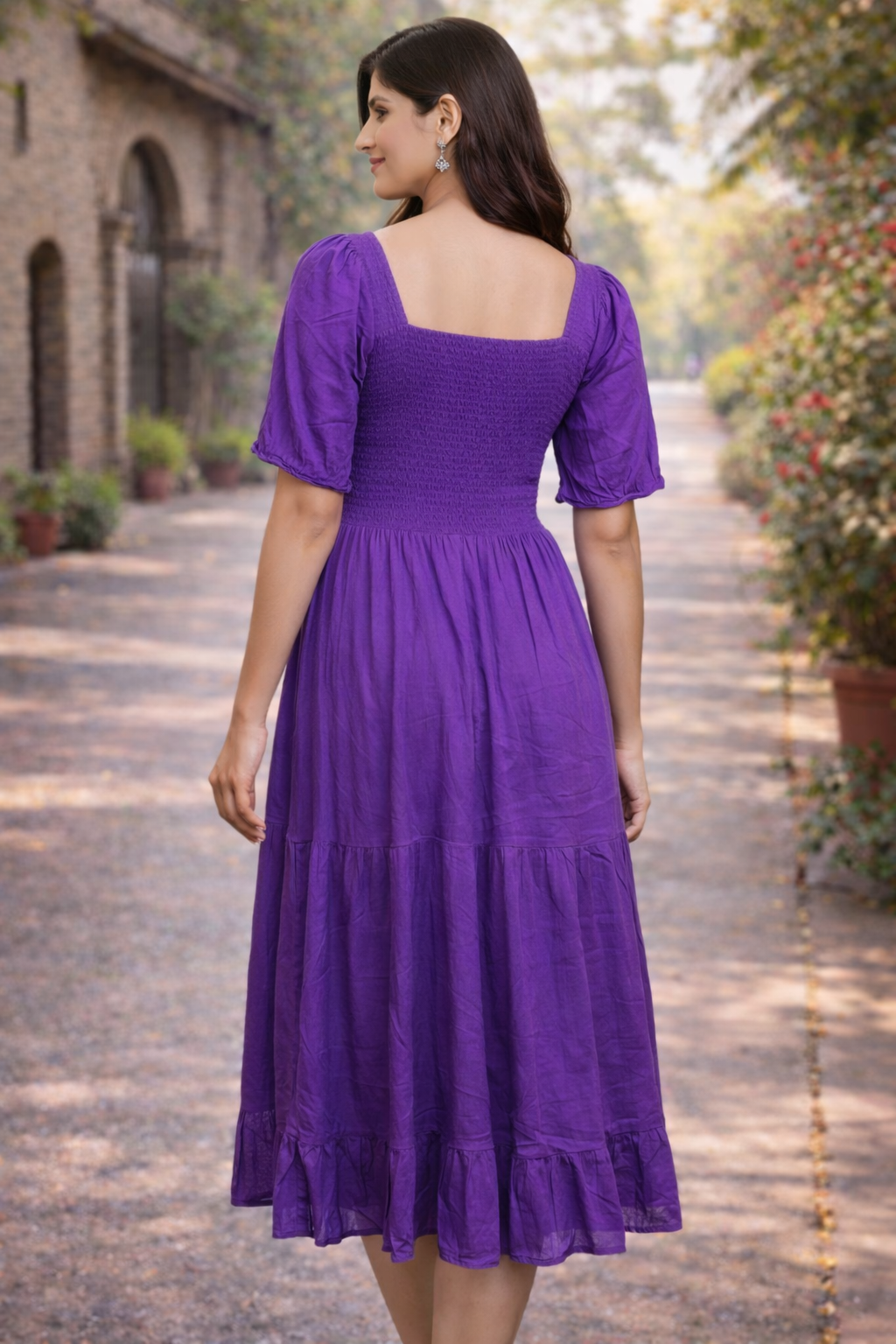Purple Smocked Bodice Tiered Midi Dress with Puff Sleeves
