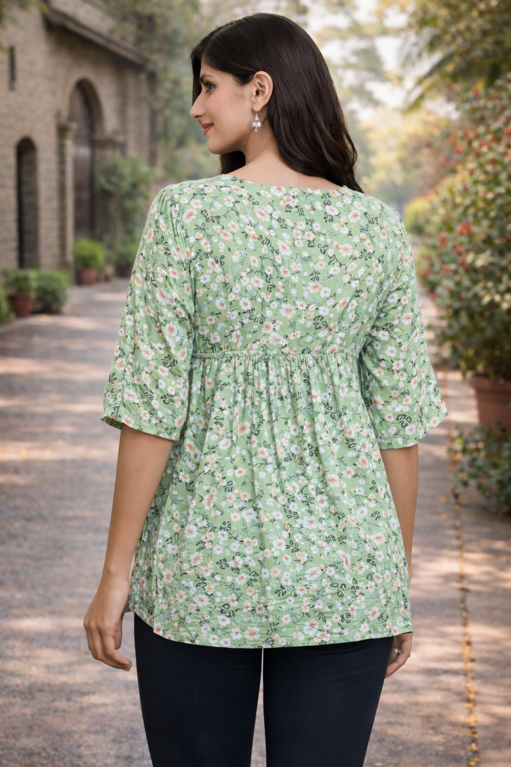 Mint Green Floral Print Empire Waist Top