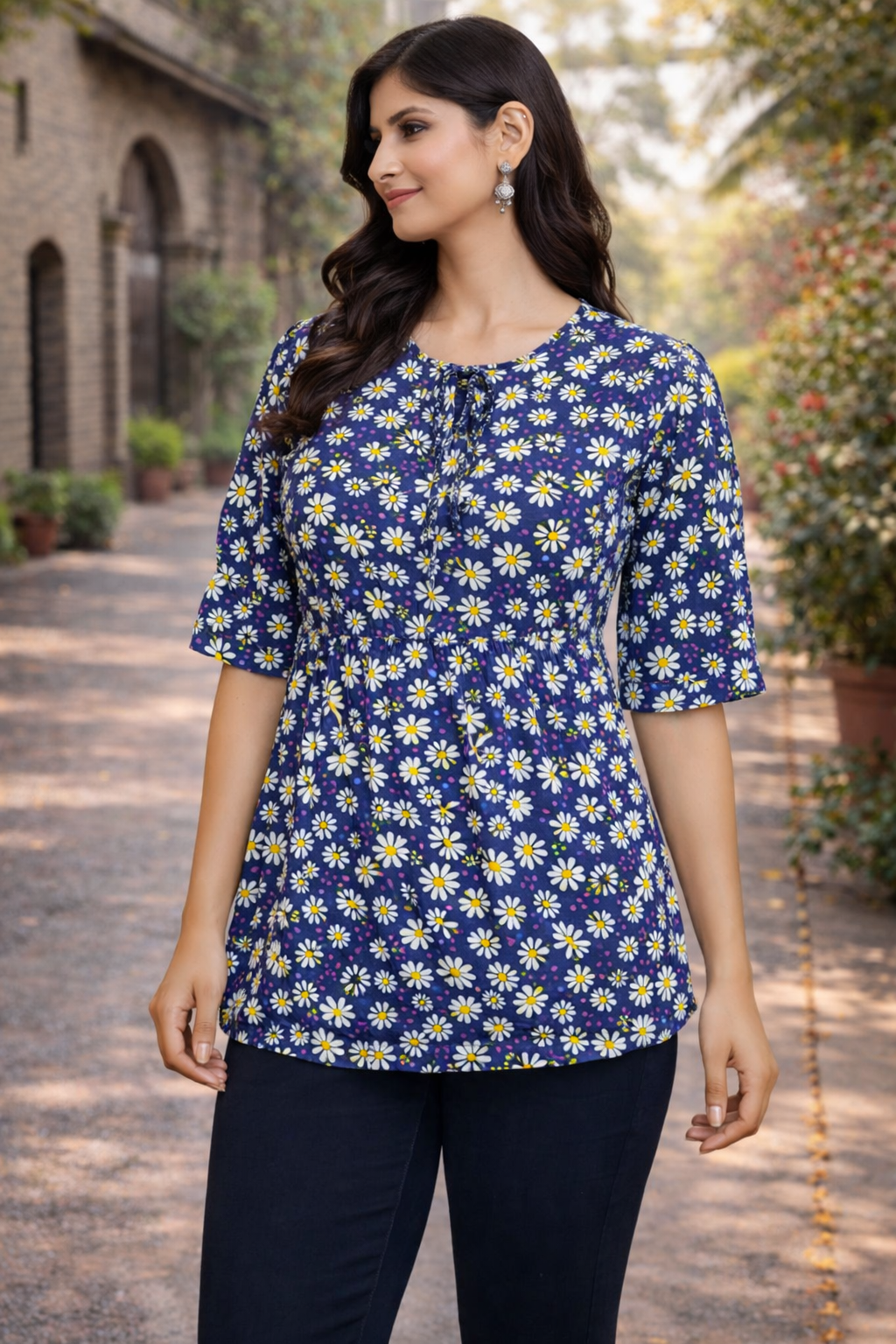 Navy Blue Daisy Print Gathered Top