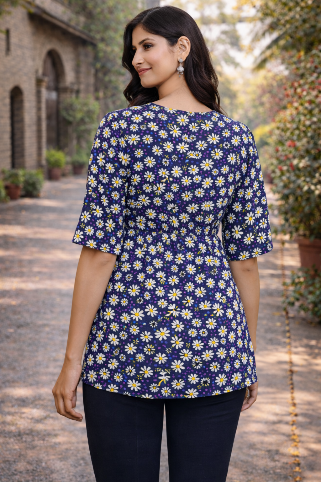 Navy Blue Daisy Print Gathered Top