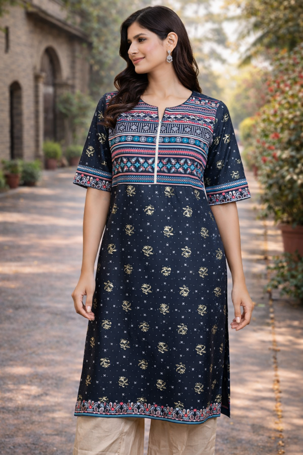 Navy Blue Ethnic Motif Print Straight Kurti with Contrast Yoke