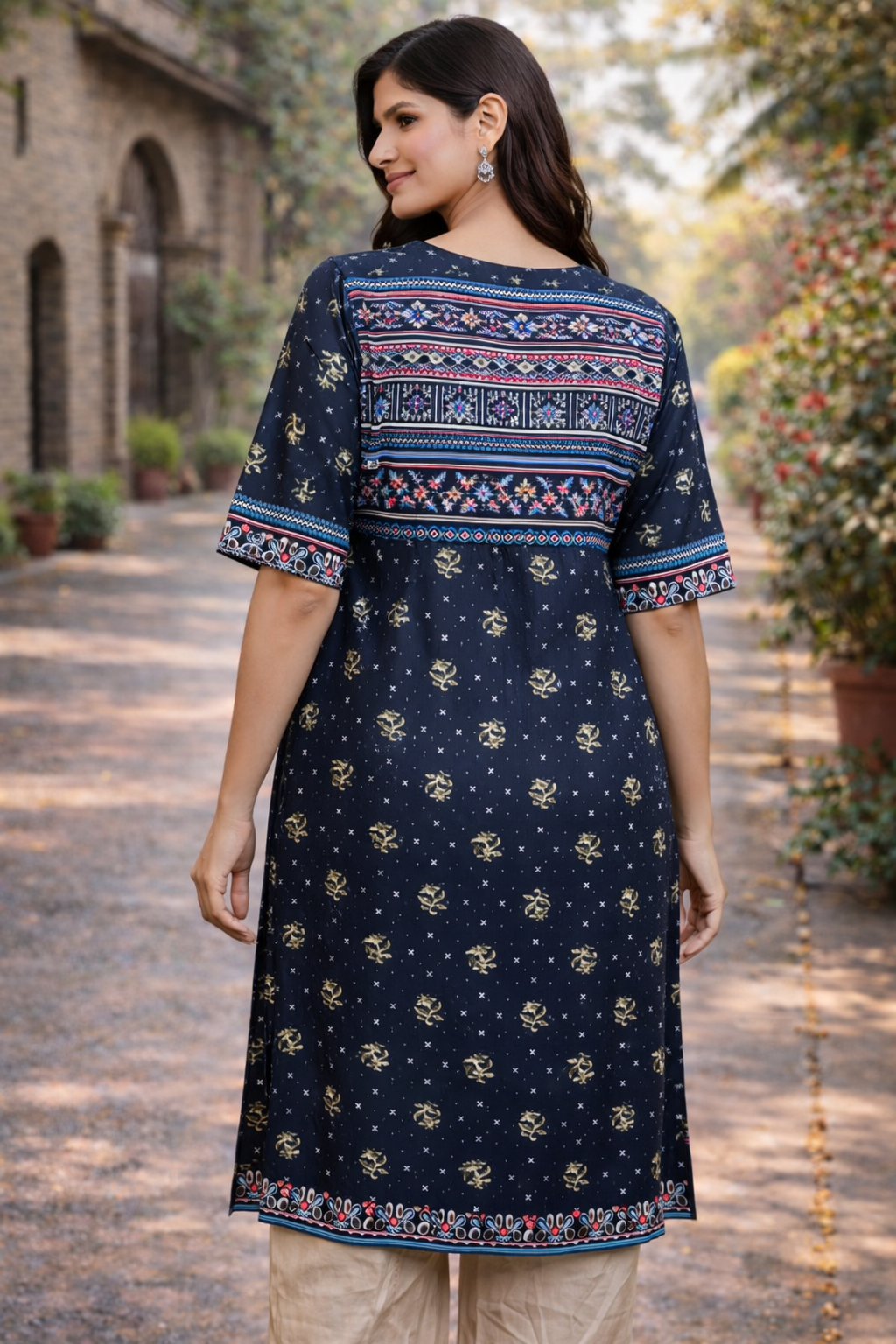 Navy Blue Ethnic Motif Print Straight Kurti with Contrast Yoke