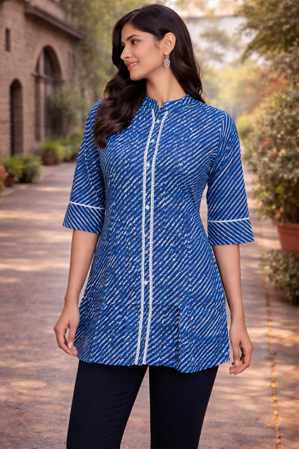 Indigo Doriya Printed A-Line Short Kurti