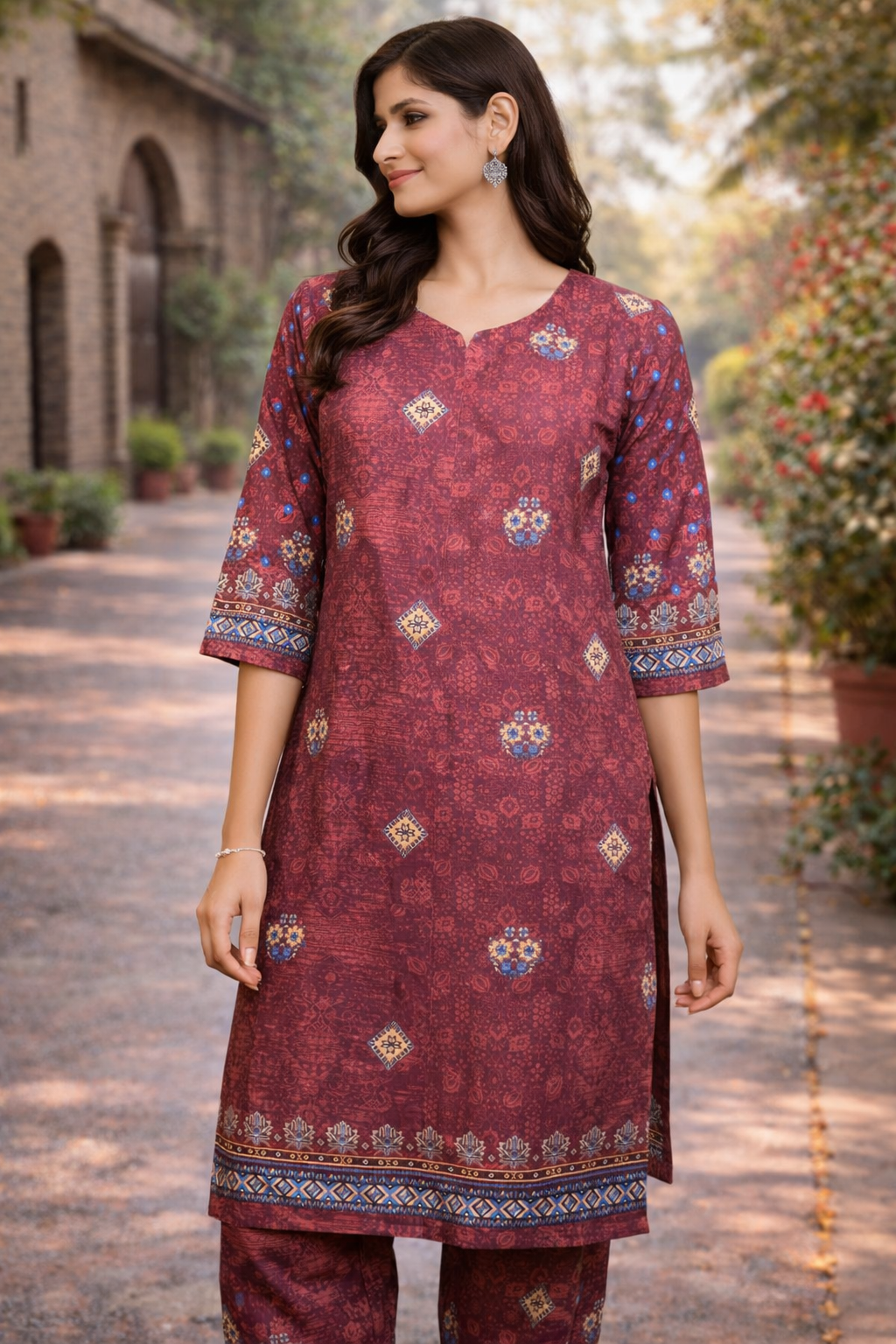 Maroon Ethnic Printed Kurta Set