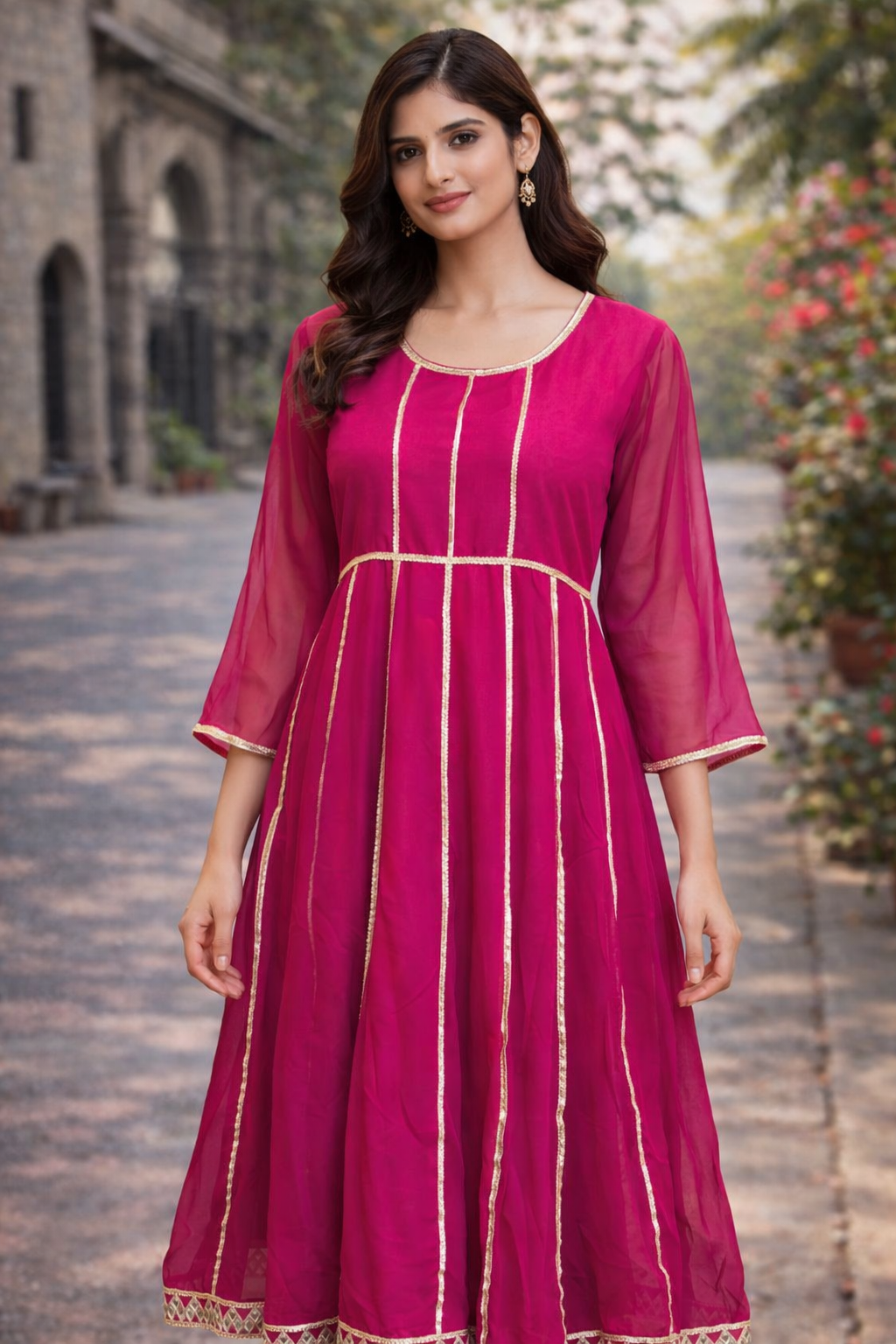 Wine Anarkali Style Kurta with Golden Gota