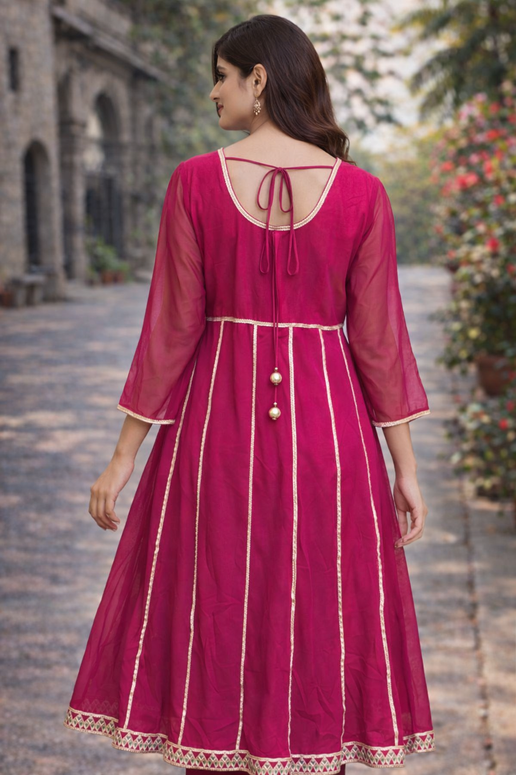 Wine Anarkali Style Kurta with Golden Gota