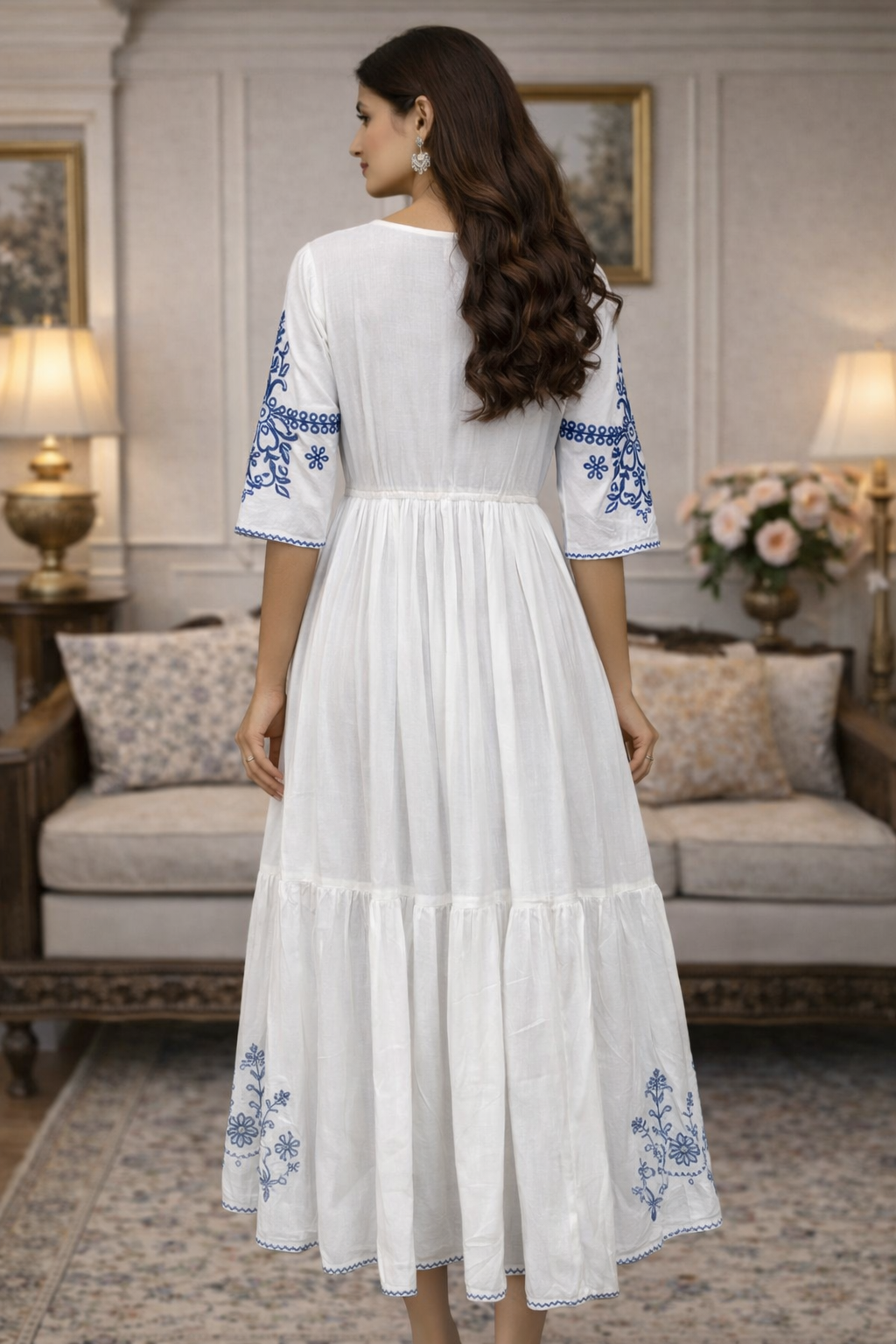White Cotton Midi Dress with Blue Floral Embroidery