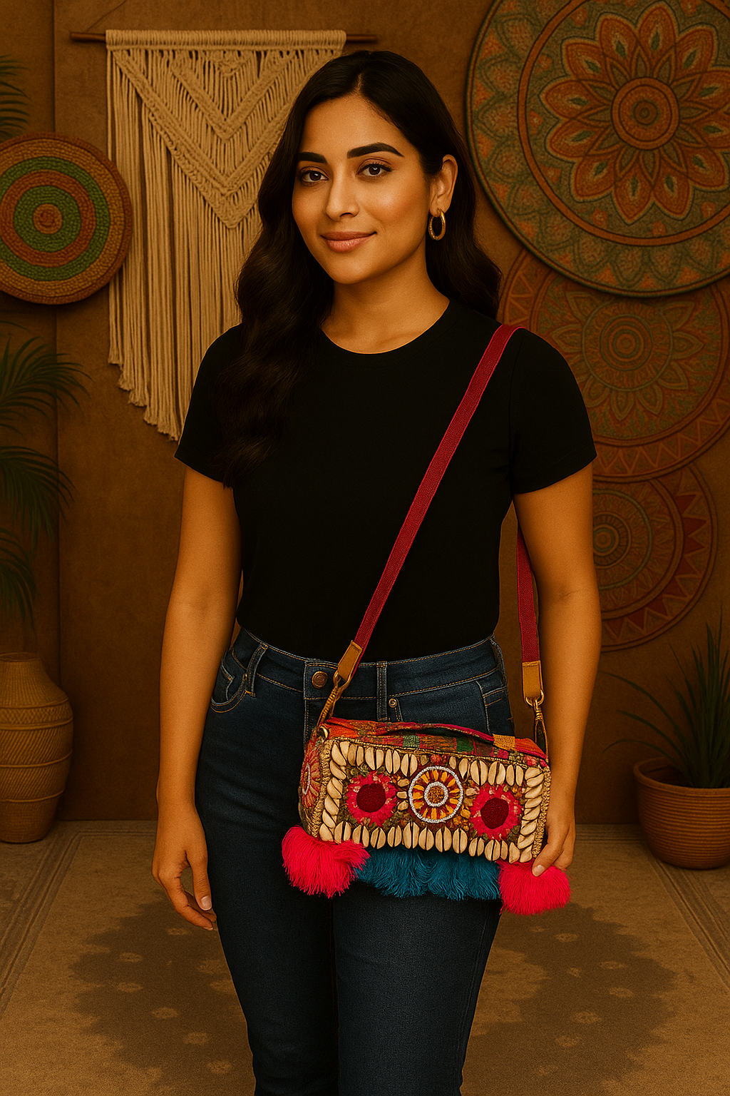 Boho Bandhani Handcrafted Shell Work Sling Bag