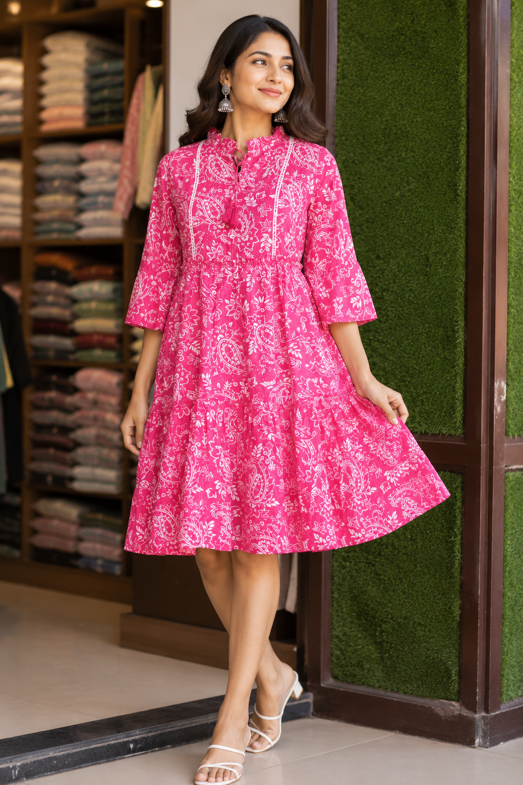 Pink Paisley Print Cotton Tiered Dress