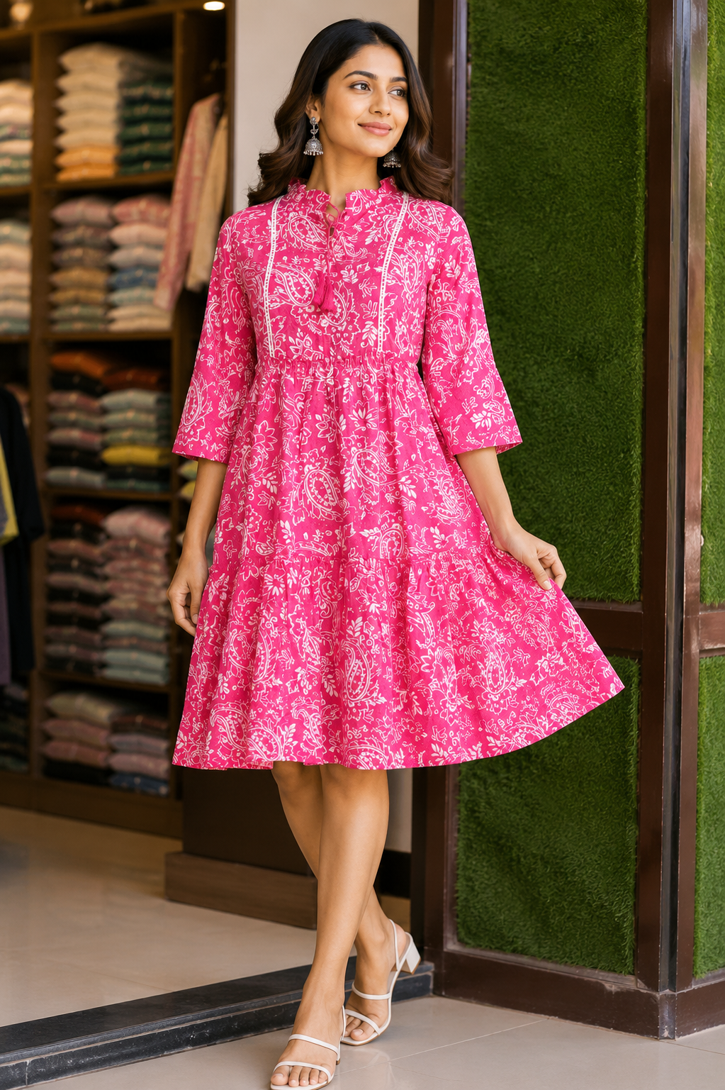 Pink Paisley Print Cotton Tiered Dress