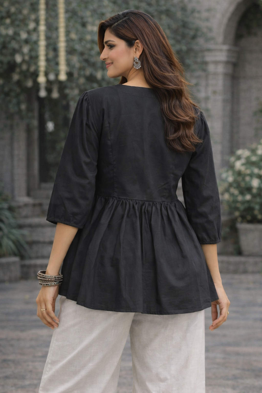 Black Embroidered Peplum Kurti