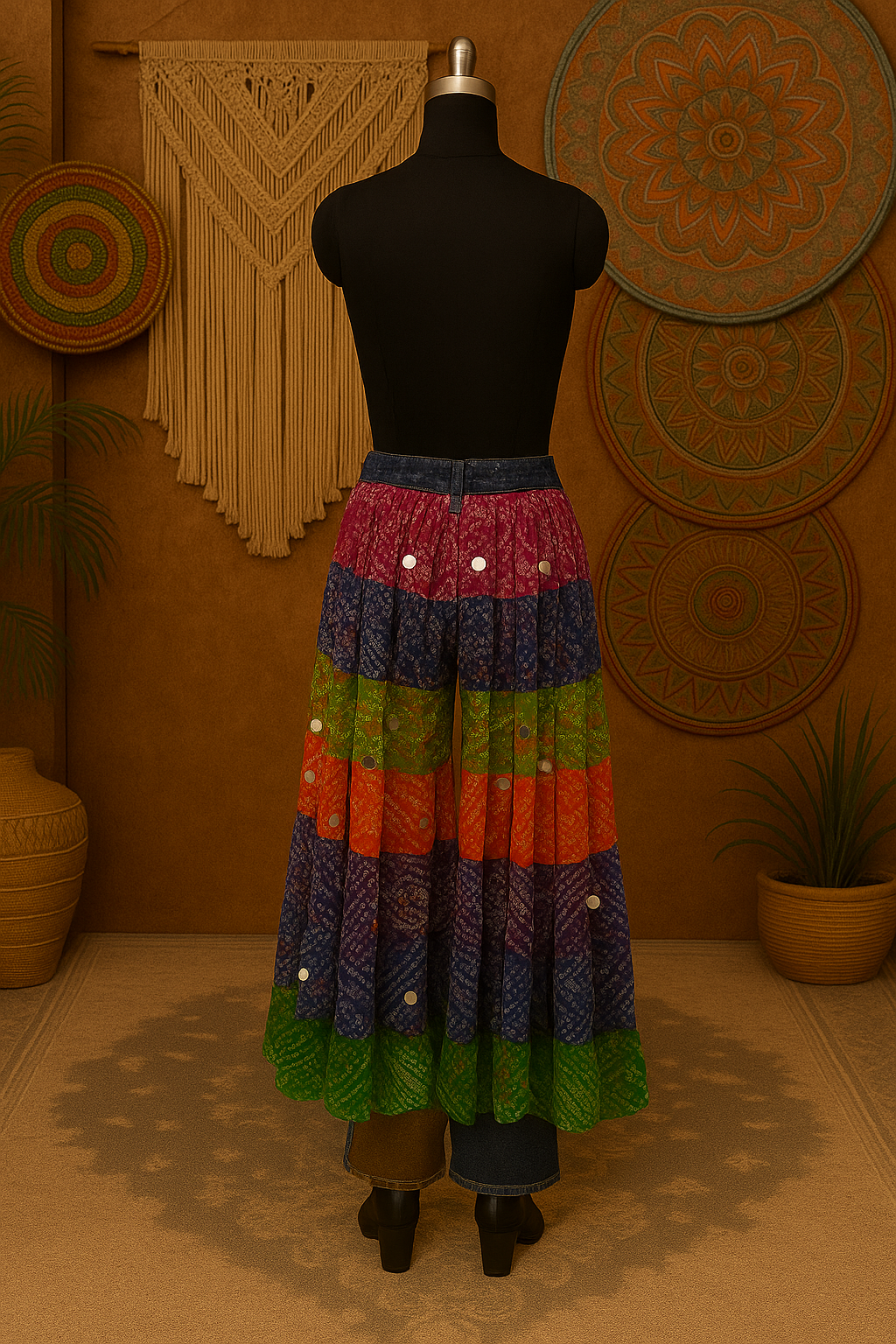 Multi-Color Bandhini Layered Skirt with Tassel