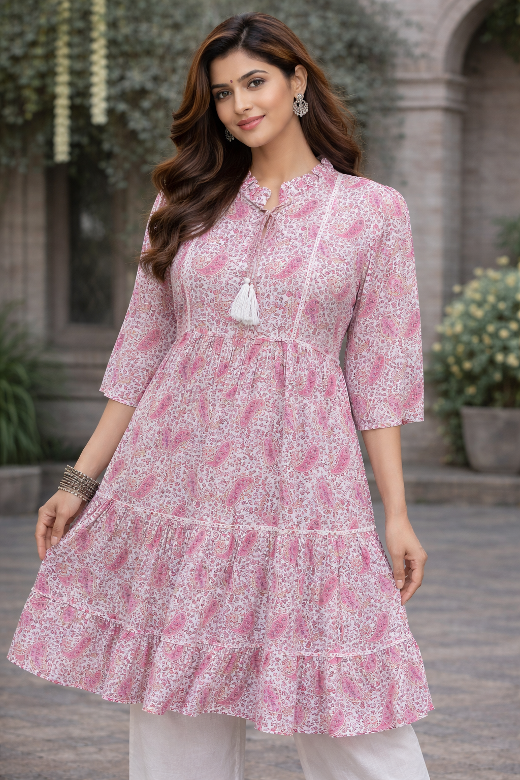 Pink Paisley Printed Tiered Summer Dress with Tassel Tie Neck