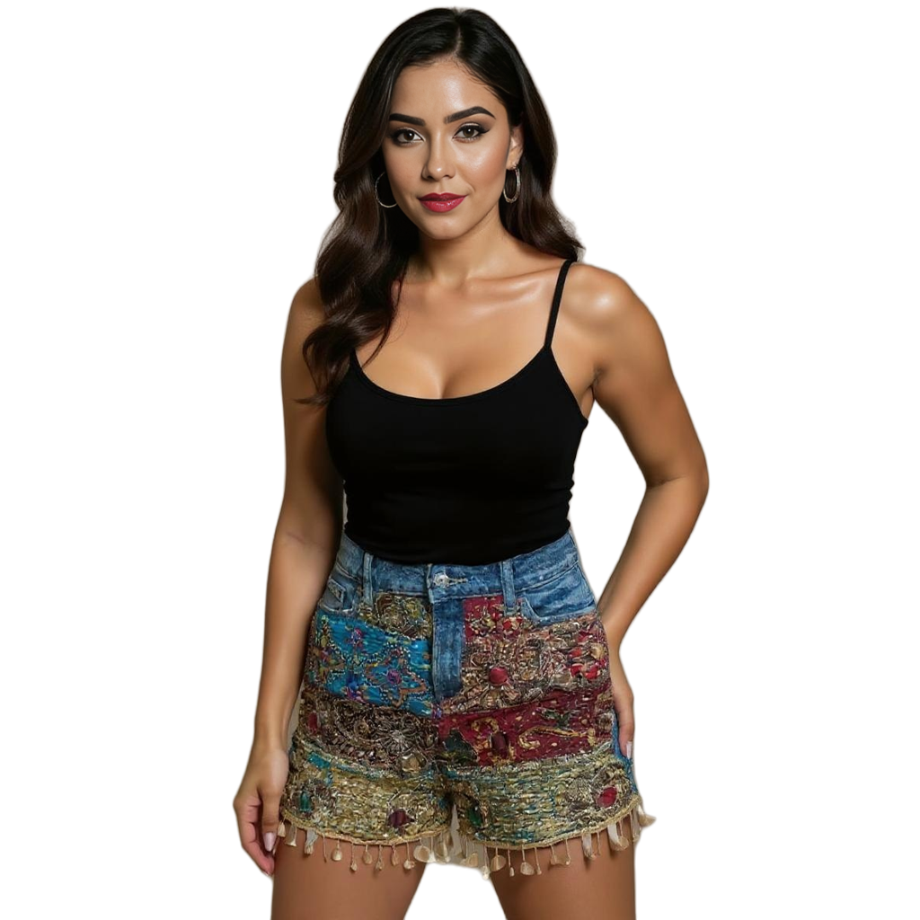 Denim Shorts Boho Patchwork Embroidered