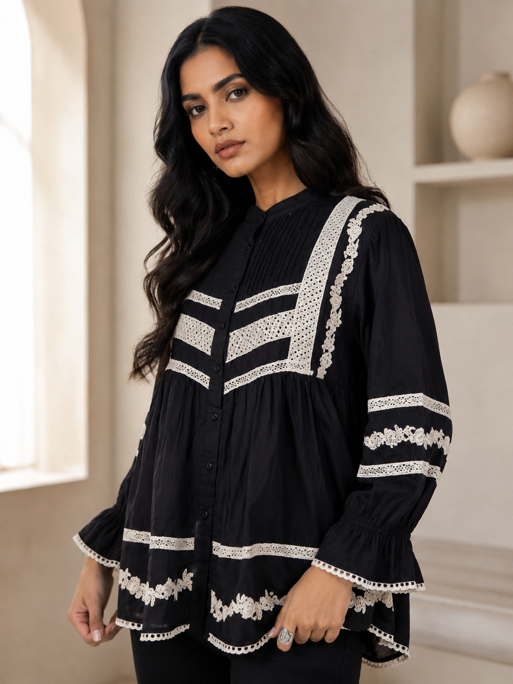 Black Cotton Lace Panel Peplum Tunic Top with Bell Sleeves