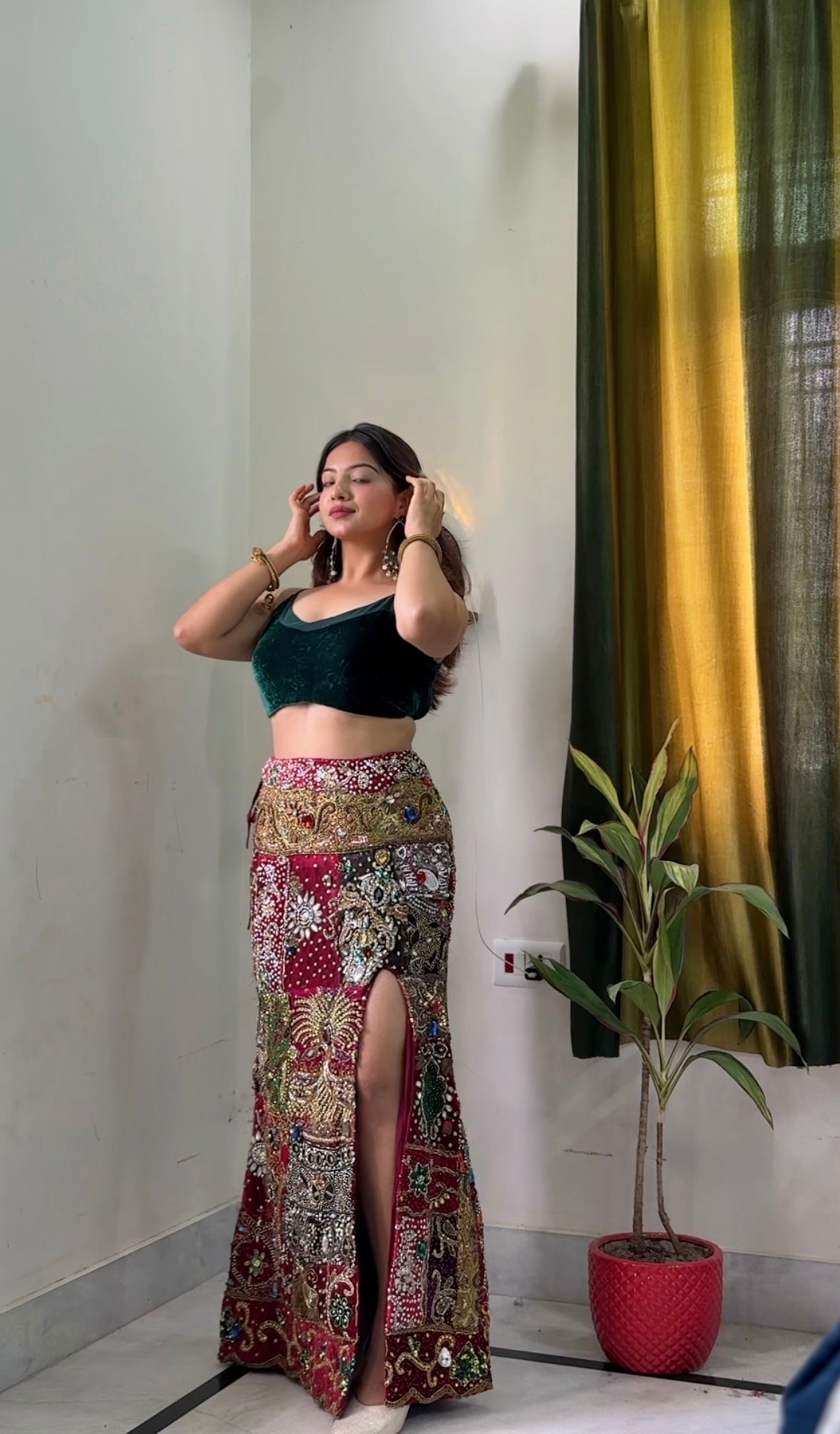 Purple Embellished Skirt Royal Patchwork Slit Skirt