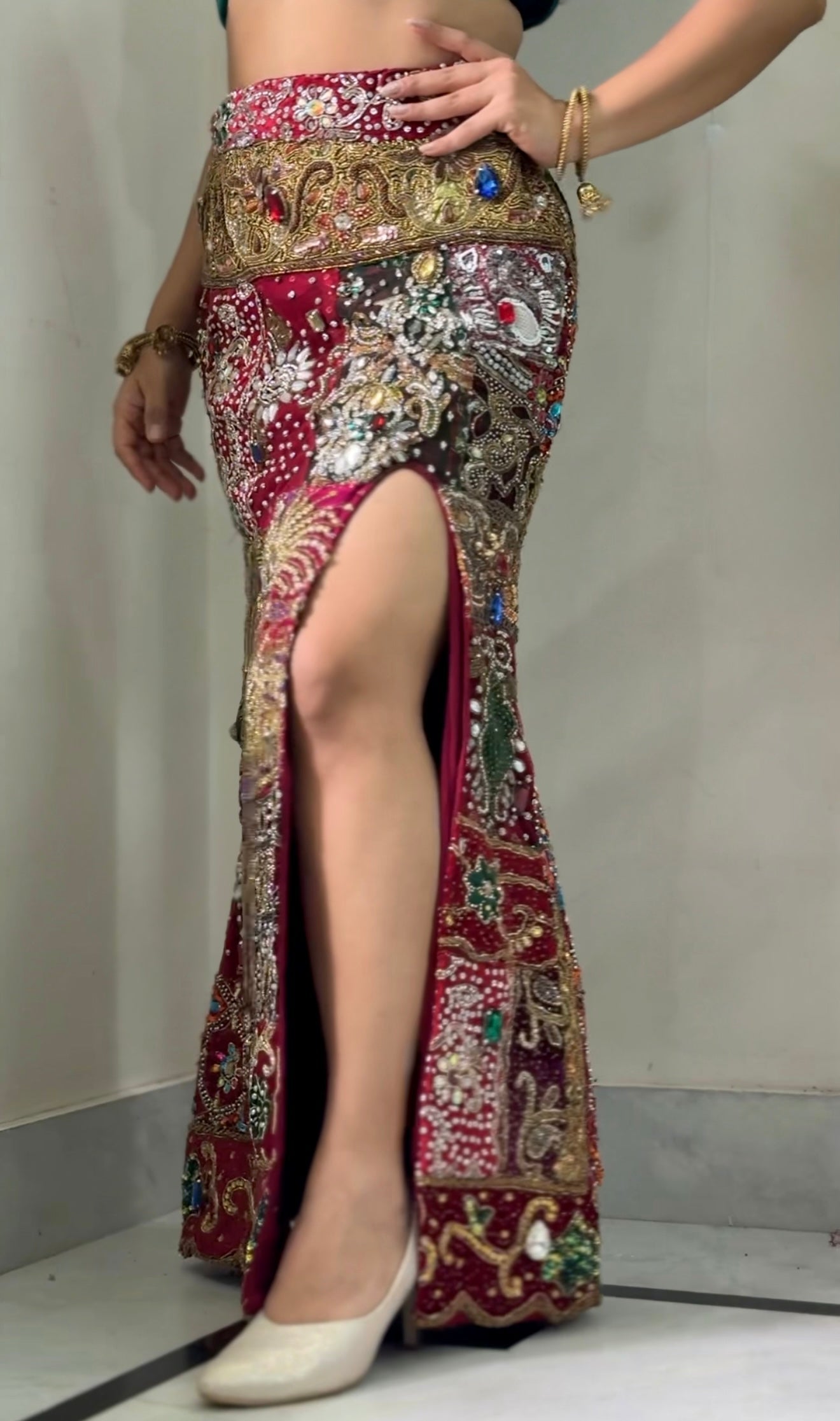 Purple Embellished Skirt Royal Patchwork Slit Skirt