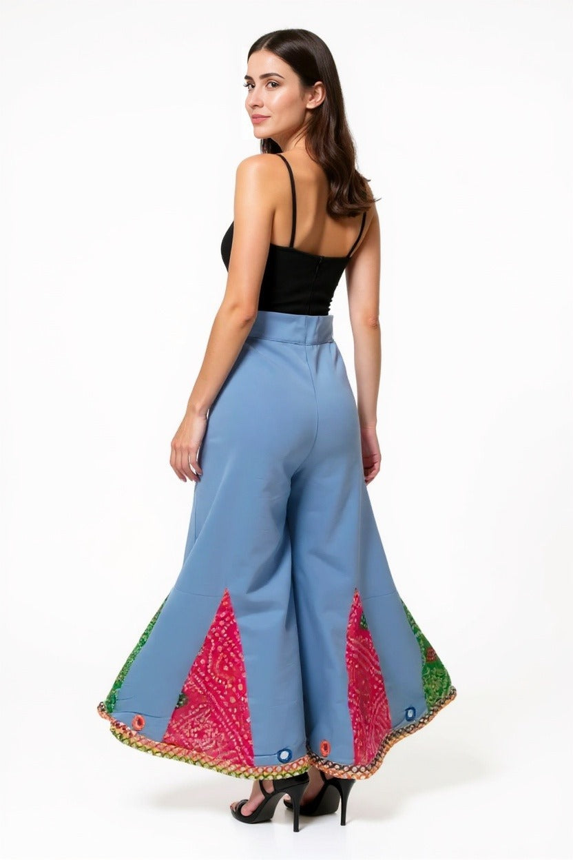 Bandhani Patchwork Wide-Leg Pants with Mirror Accents