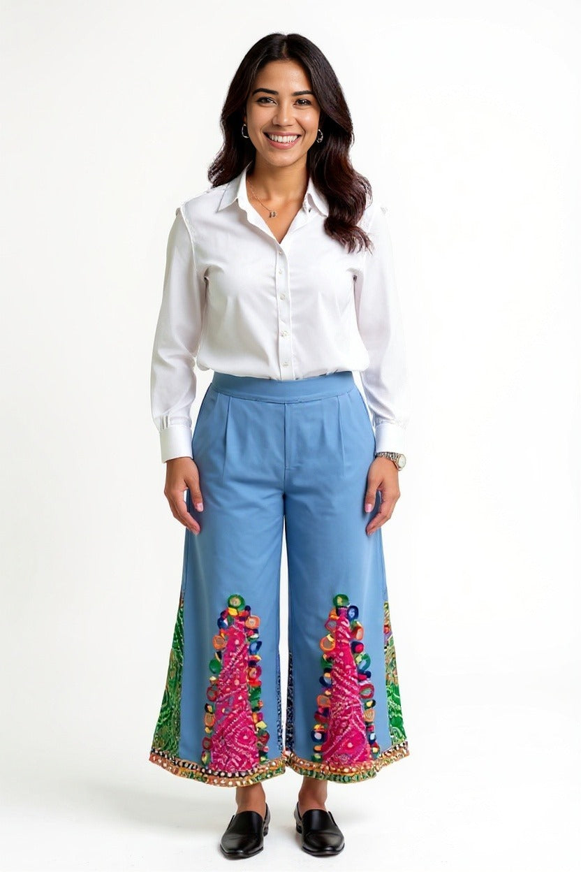 Bandhani Patchwork Wide-Leg Pants with Mirror Accents