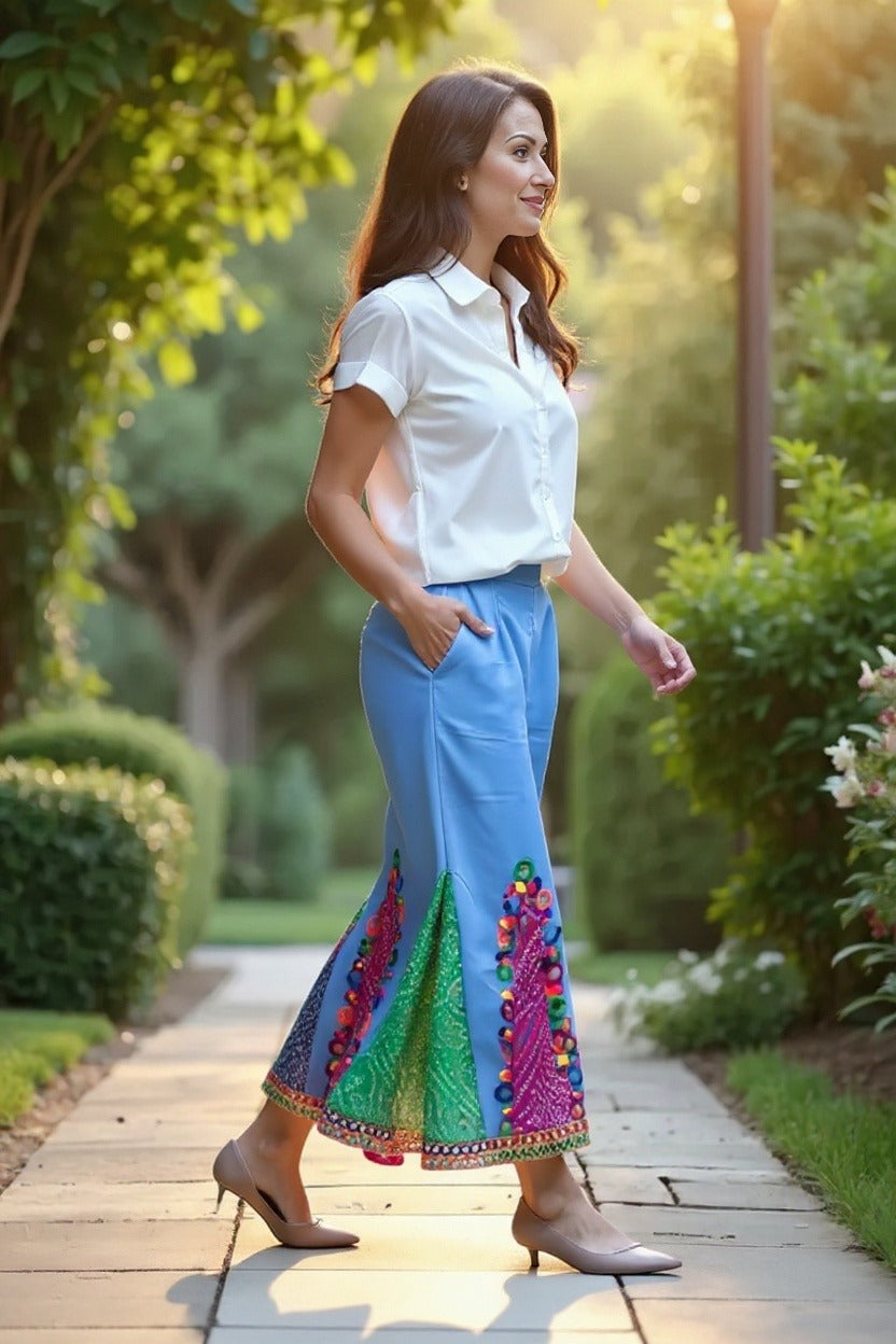 Bandhani Patchwork Wide-Leg Pants with Mirror Accents