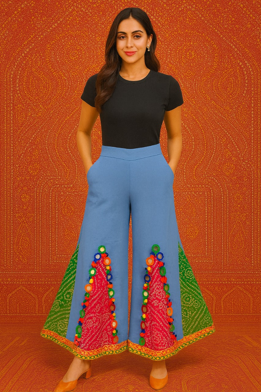 Bandhani Patchwork Wide-Leg Pants with Mirror Accents