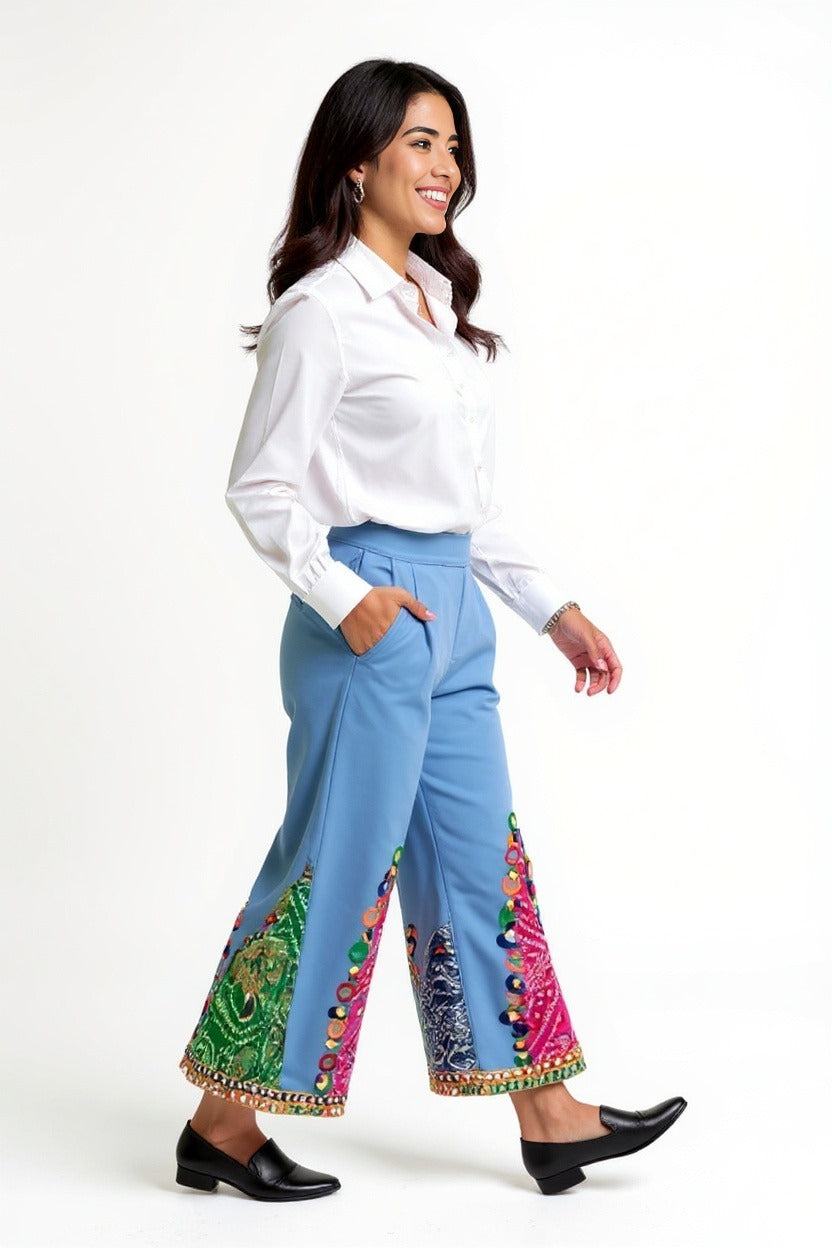 Bandhani Patchwork Wide-Leg Pants with Mirror Accents