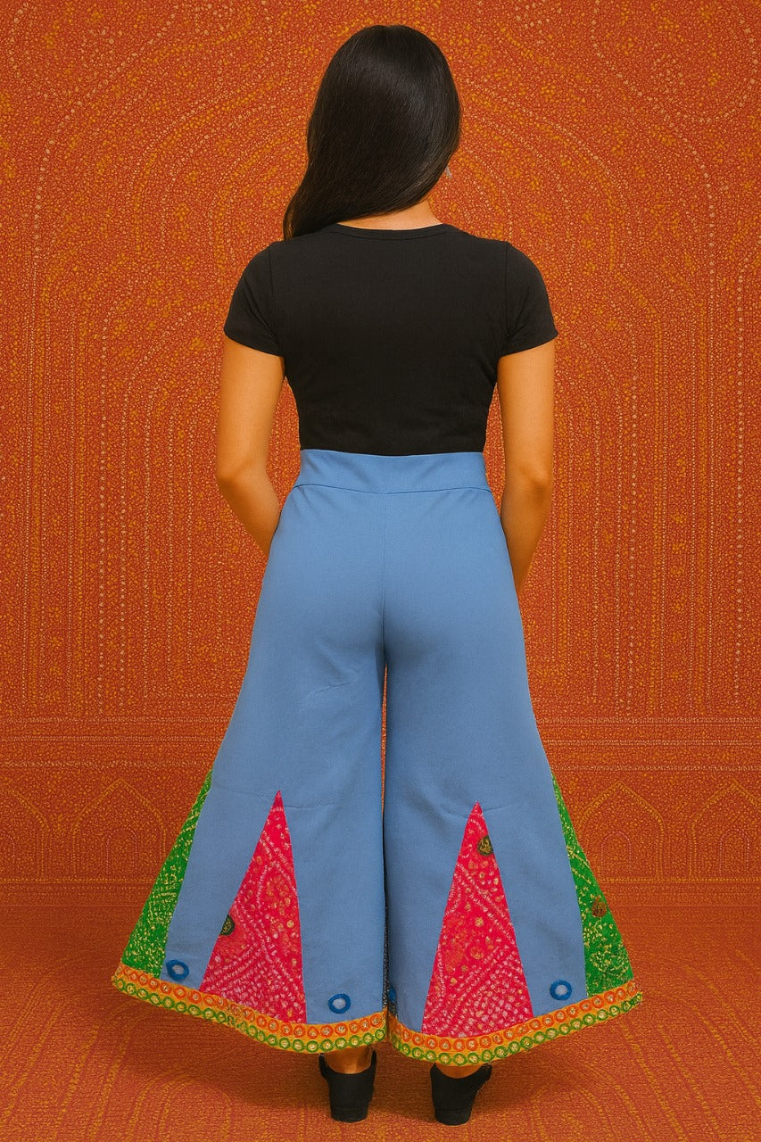 Bandhani Patchwork Wide-Leg Pants with Mirror Accents