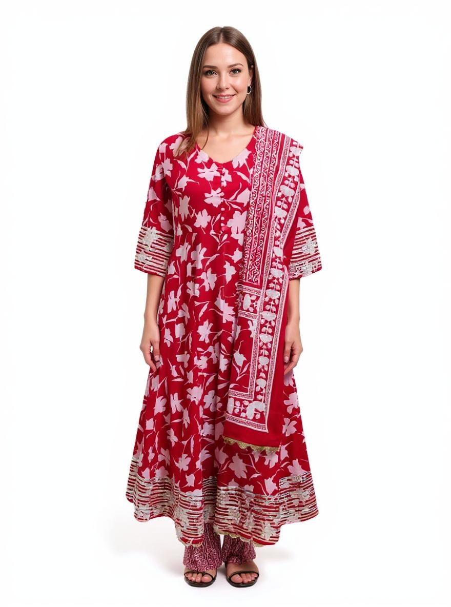 Gulnaar Red Floral Cotton Kurta Set