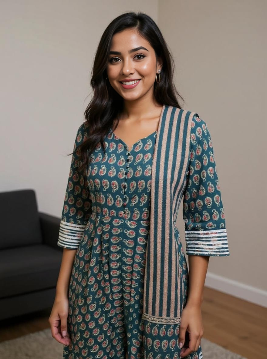 Teal Blossom Cotton Kurta Set