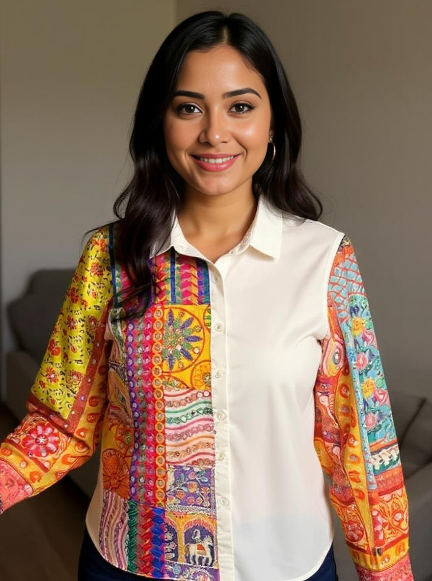 White Handcrafted Patchwork Shirt with Artistic Hand Embroidery – Boho Fusion Wear