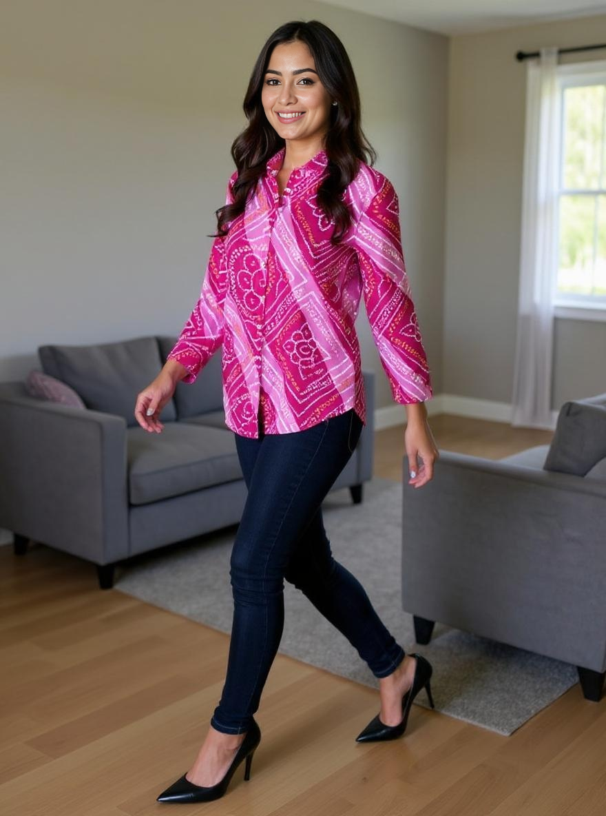 Pink Bandhani-Inspired Button Down Shirt