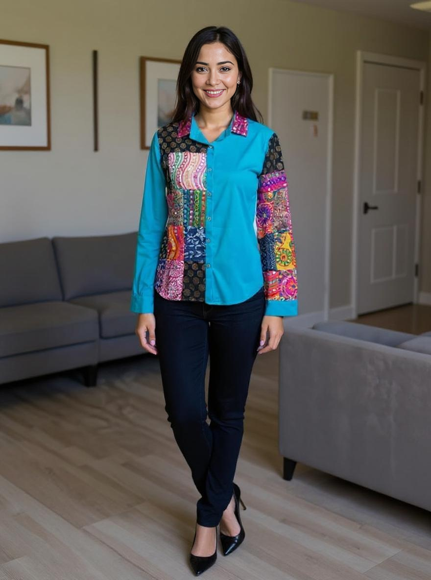 Patchwork Shirt Gypsy Grid Turquoise Multicolor