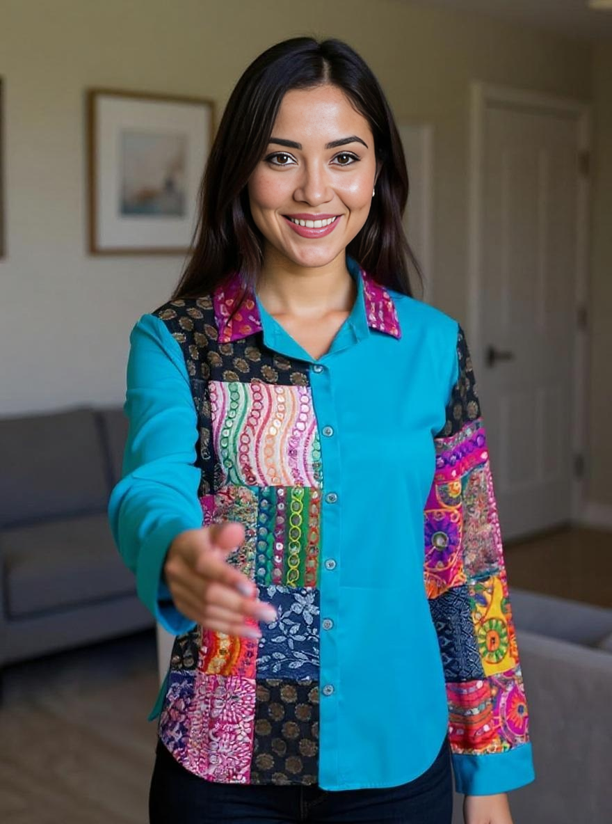 Patchwork Shirt Gypsy Grid Turquoise Multicolor