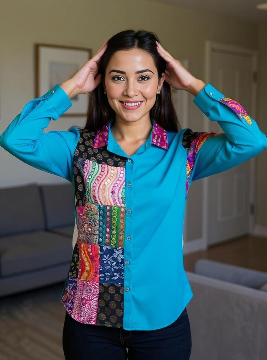 Patchwork Shirt Gypsy Grid Turquoise Multicolor