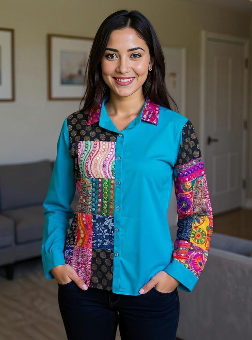 Patchwork Shirt Gypsy Grid Turquoise Multicolor