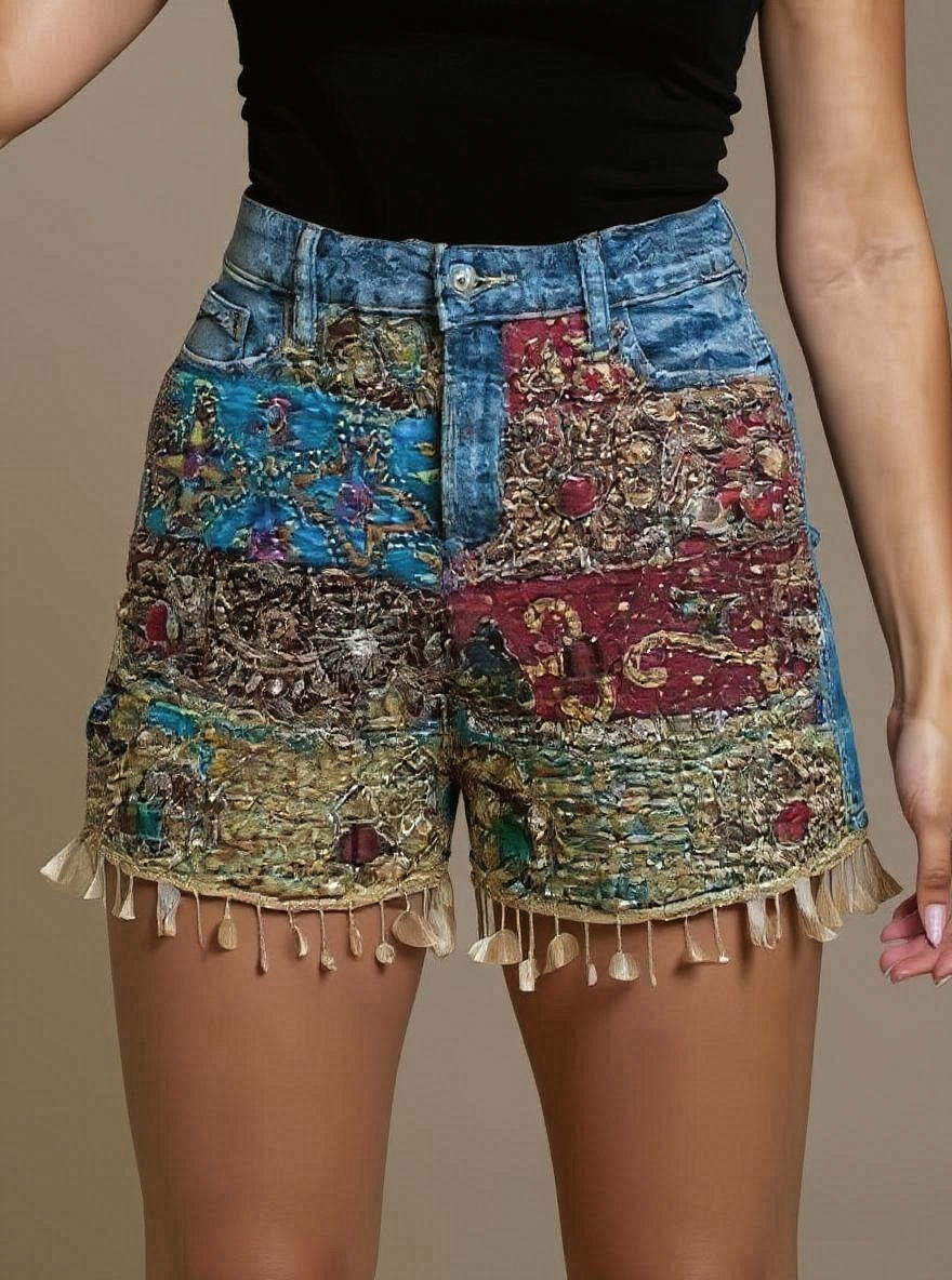Denim Shorts Boho Patchwork Embroidered