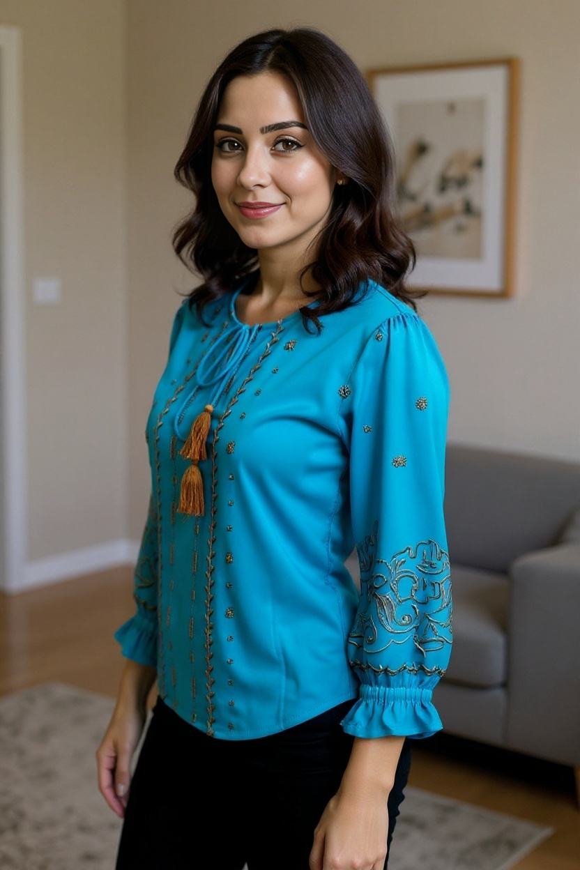 Teal Blue Embroidered Tassel Tie-Up Top